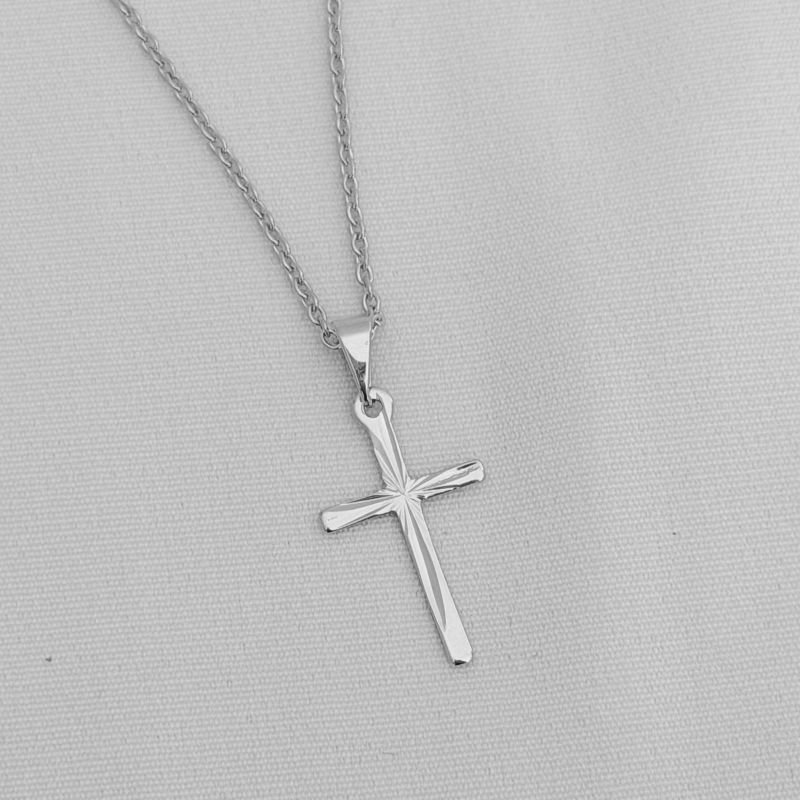 COLAR CORRENTE CADEADO 60CM COM CRUZ DAIAMANTADA EM RÓDIO BRANCO