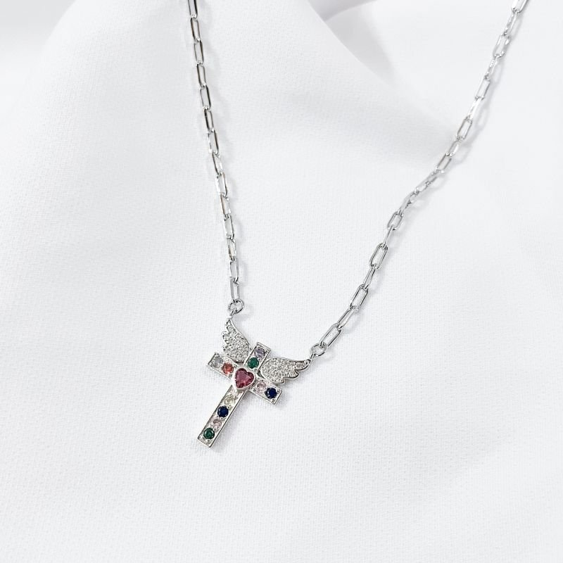 COLAR CRUZ ZIRCONIAS COLORIDAS COM CORR CARTIER EM RÓDIO BRANCO