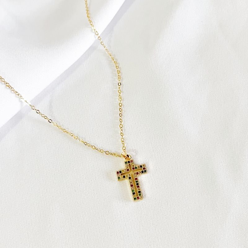 COLAR CRUZ ZIRCONIAS COLORIDAS COM CORR ELO PORTUGUES EM OURO 18K