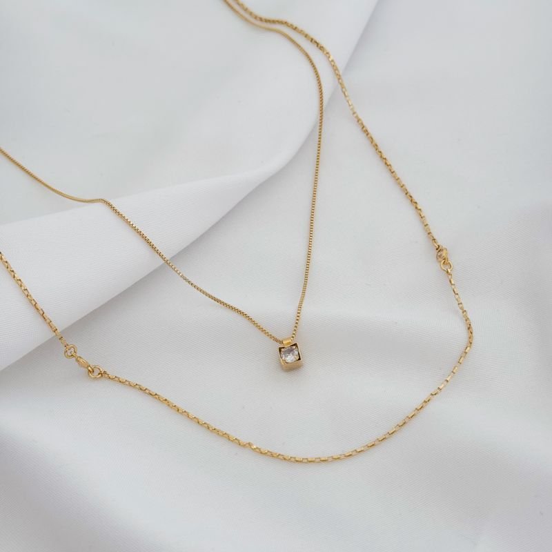 COLAR DUPLO 45/55CM COM PINGENTE QUADRADO E ZIRCONIA EM OURO 18K