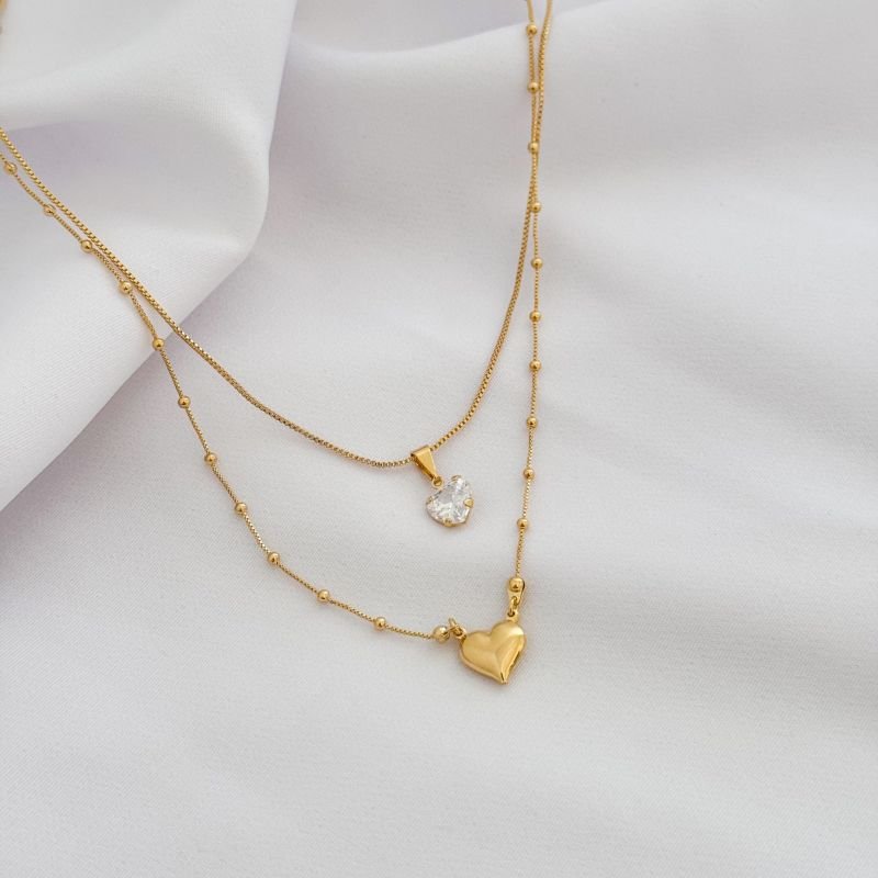 COLAR DUPLO COM CORAÇÃO LISO E ZIRCONIA EM OURO 18K