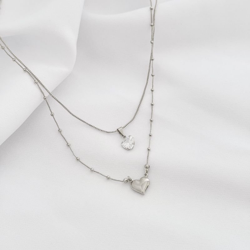 COLAR DUPLO COM CORAÇÃO LISO E ZIRCONIA EM RÓDIO BRANCO
