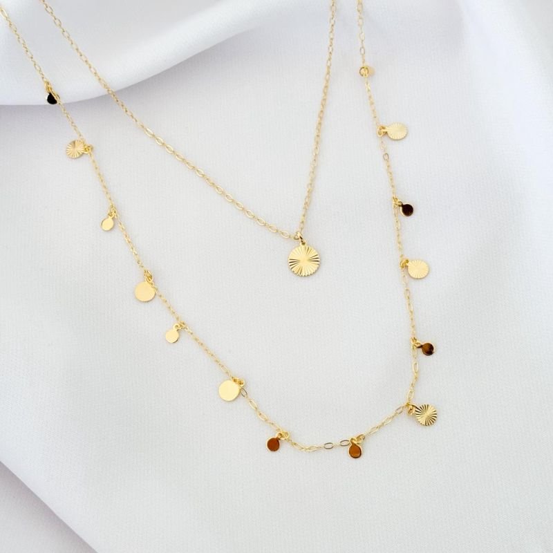 COLAR DUPLO COM MEDALHAS LISAS DIAMANTADAS EM OURO 18K