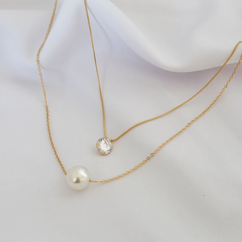 COLAR DUPLO COM PONTO DE LUZ E PEROLA EM OURO 18K