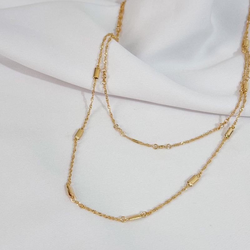 COLAR DUPLO COM RETANGULOS EM OURO 18K