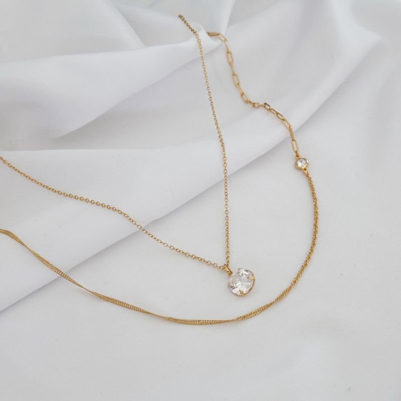 COLAR DUPLO COM TIFANNY E ZIRCONIA REDONDA 10MM EM OURO 18K