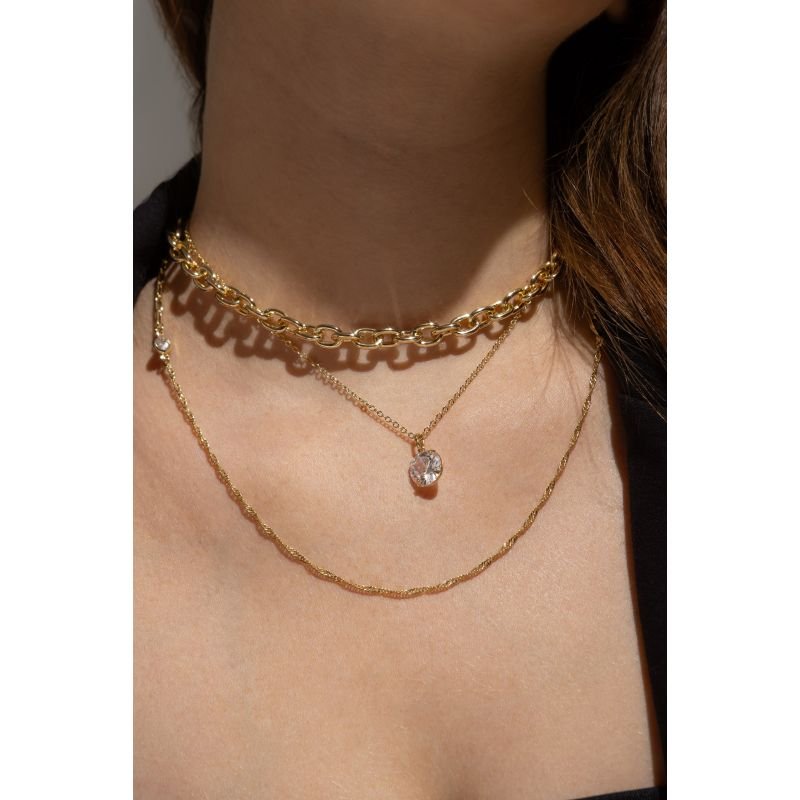 COLAR DUPLO COM TIFANNY E ZIRCONIA REDONDA 10MM EM OURO 18K