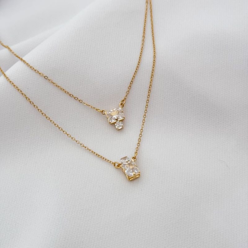 COLAR DUPLO COM ZIRCONIAS OCTAGONAIS EM OURO 18K