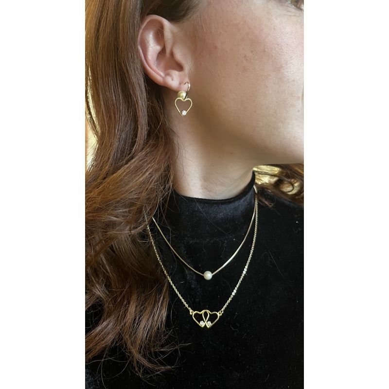 COLAR DUPLO CORAÇÃO COM ZIRCONIA E PEROLA EM OURO 18K