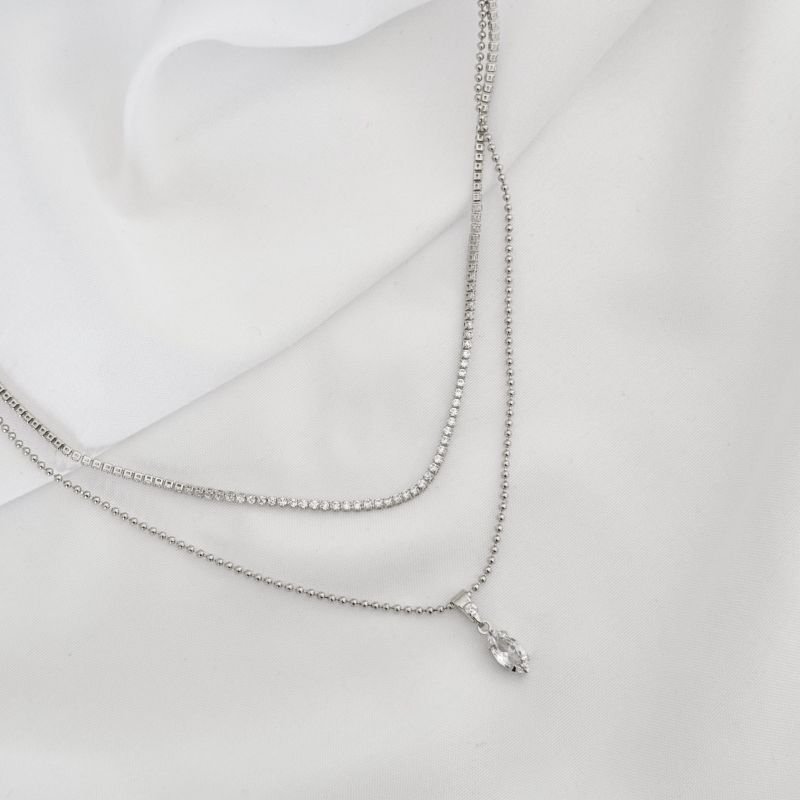 COLAR DUPLO CORRENTE ZIRCONIA E BOLINHAS COM NAVETE EM RÓDIO BRANCO