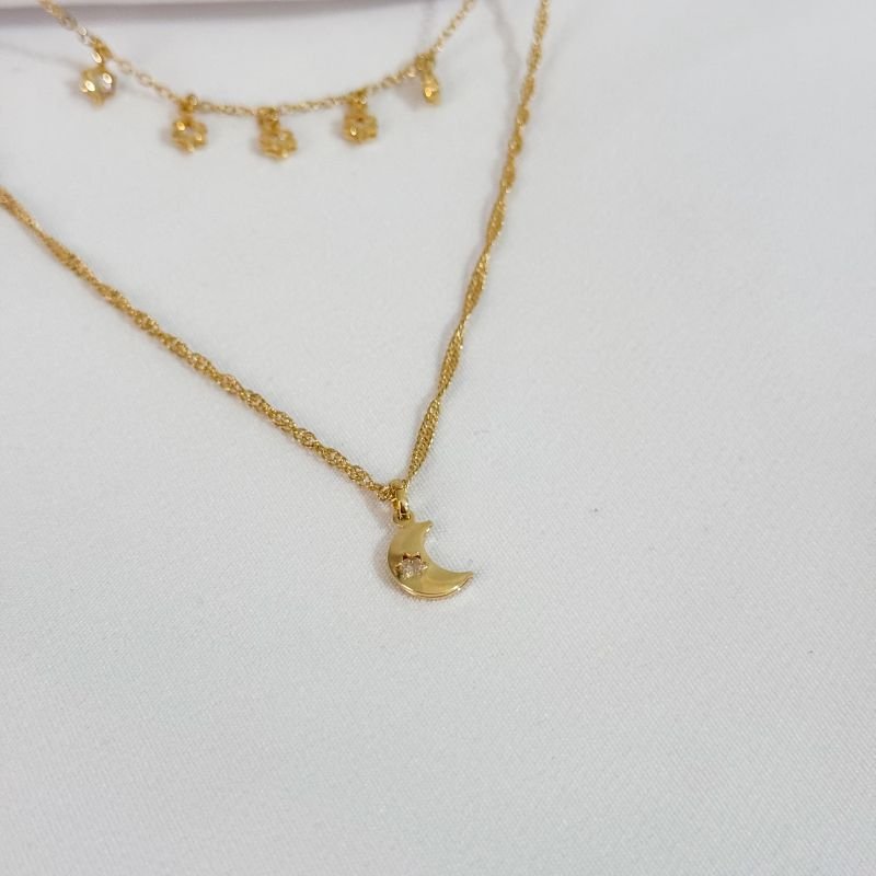 COLAR DUPLO ESTRELAS E LUA EM OURO 18K