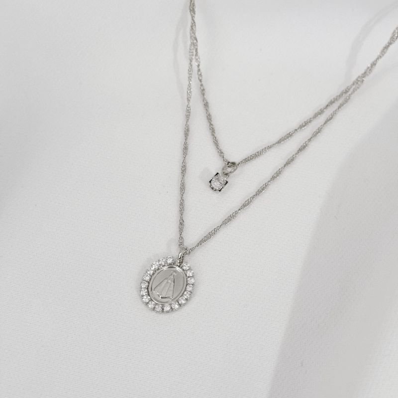 COLAR DUPLO NOSSA SENHORA APARECIDA EM RÓDIO BRANCO