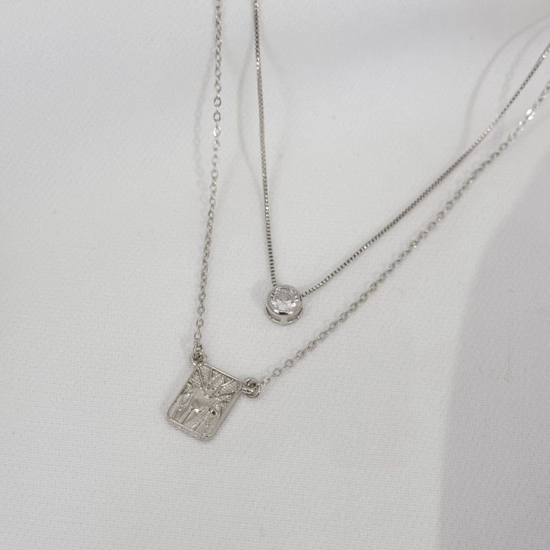 COLAR DUPLO IMACULADA CORAÇÃO DE JESUS EM RÓDIO BRANCO