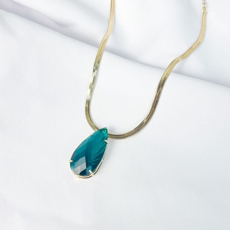 COLAR FITA COM PEDRA GOTA EM OURO 18K