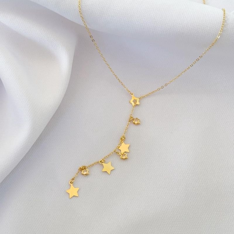 COLAR GRAVATA COM ESTRELINHAS 40CM + 10CM EM OURO 18K