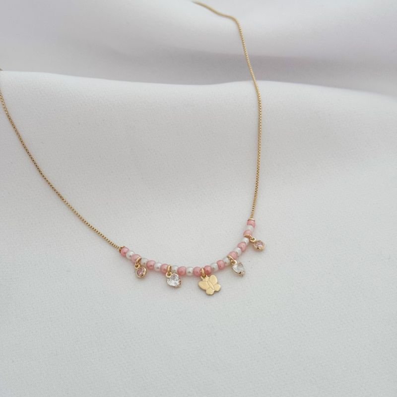 COLAR INFANTIL PEROLAS COLORIDAS E ZIRCONIA CORACAO EM OURO 18K