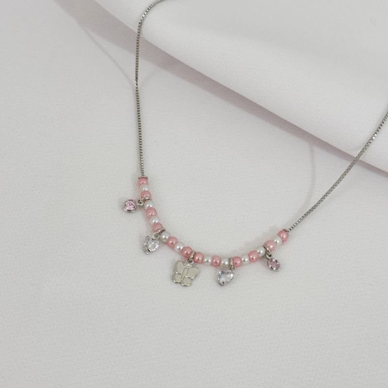 COLAR INFANTIL PEROLAS COLORIDAS E ZIRCONIA CORACAO EM RÓDIO BRANCO