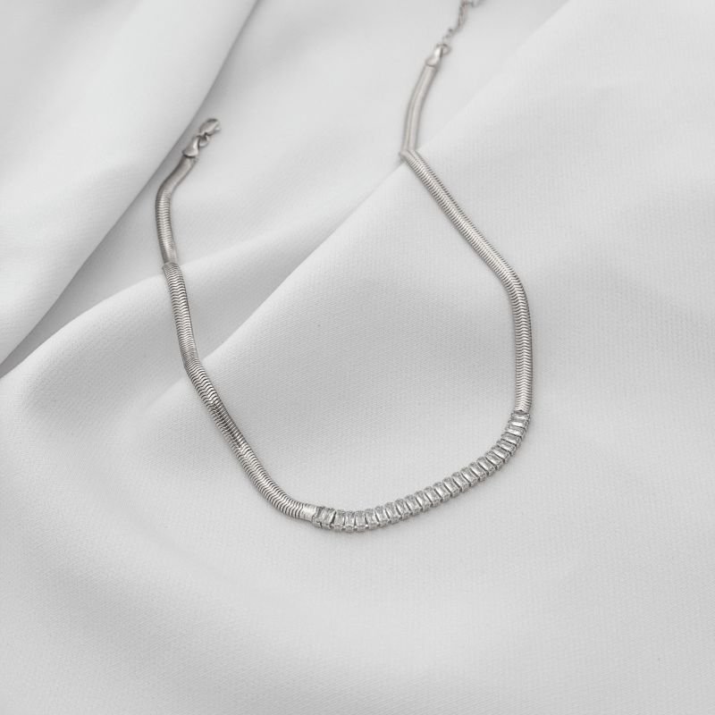 COLAR MALHA LACRAIA COM ZIRCONIA BAGUETE EM RÓDIO BRANCO