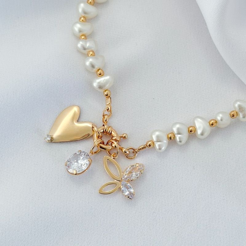 COLAR PEROLA IRREGULARES COM BOLINHAS METAL 40CM EM OURO 18K