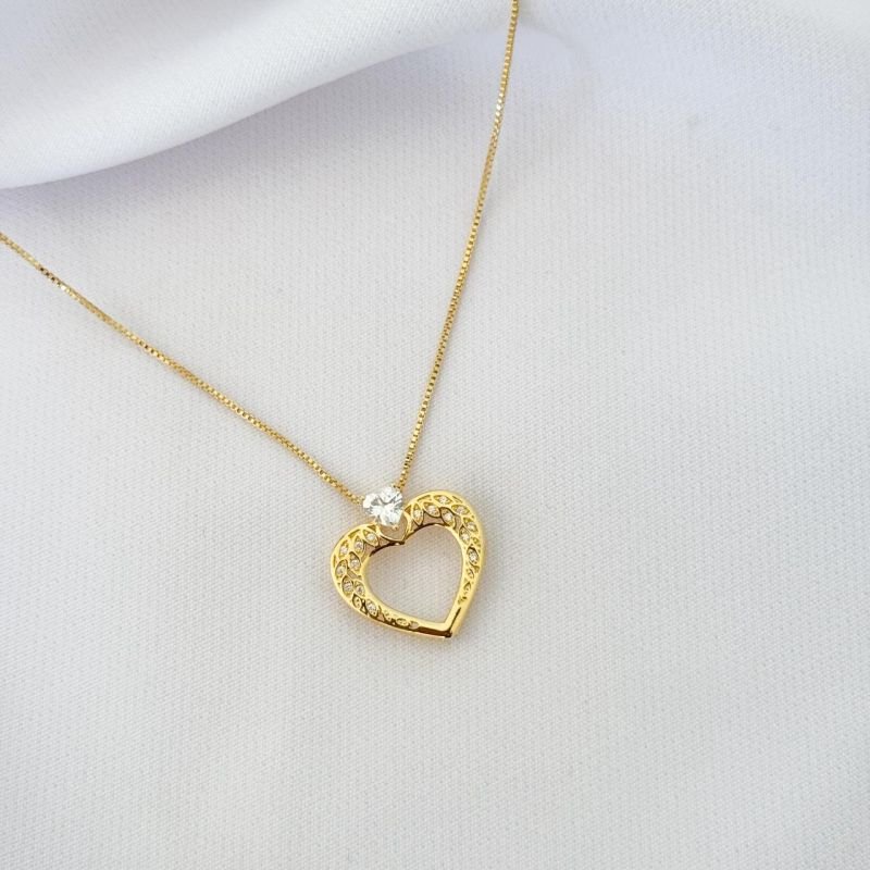 COLAR PINGENTE CORACAO COM PEDRA EM OURO 18K