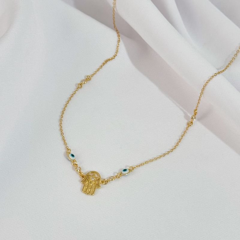 COLAR PINGENTE MAO DE FATIMA E OLHO GREGO EM OURO 18K
