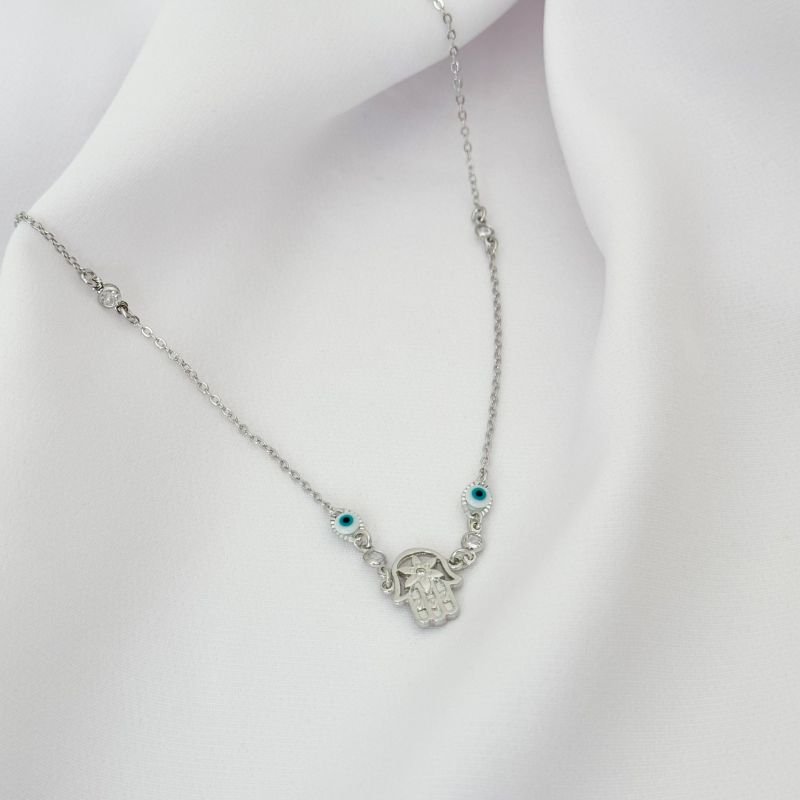 COLAR PINGENTE MAO DE FATIMA E OLHO GREGO EM RÓDIO BRANCO