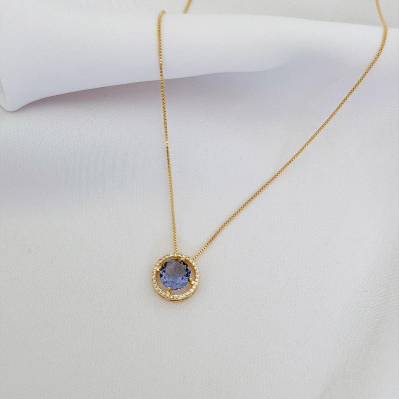 COLAR PINGENTE REDONDO 10MM BORDA CRAVEJADA EM OURO 18K