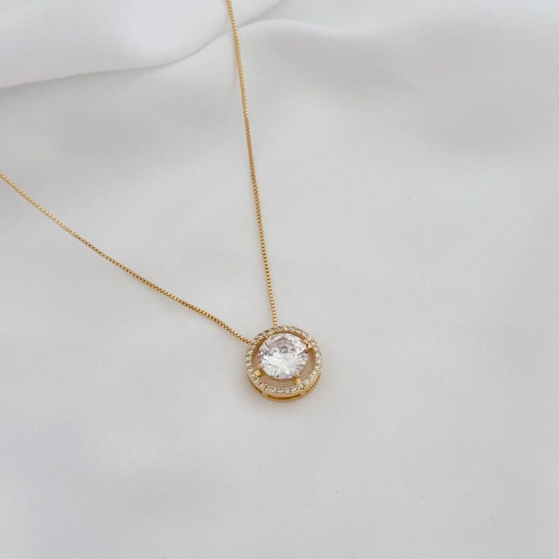 COLAR PINGENTE REDONDO CRAVEJADO E ZIRCONIA 8MM EM OURO 18K