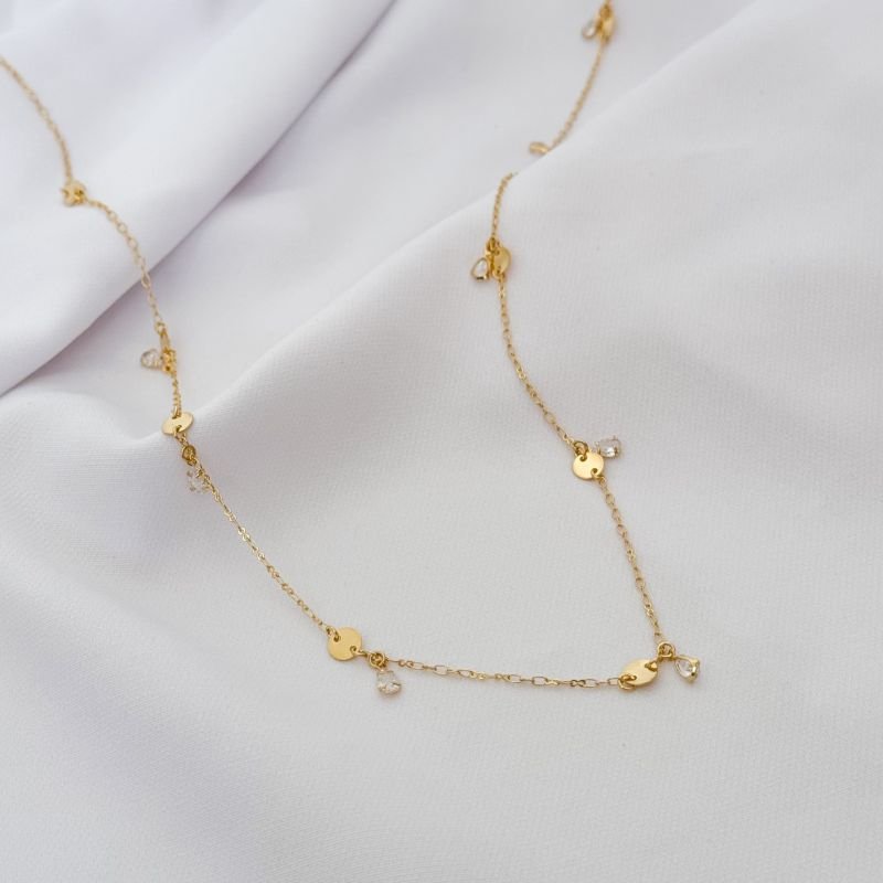 COLAR PLAQUINHAS REDONDAS COM ZIRCONIAS GOTINHAS 60CM EM OURO 18K
