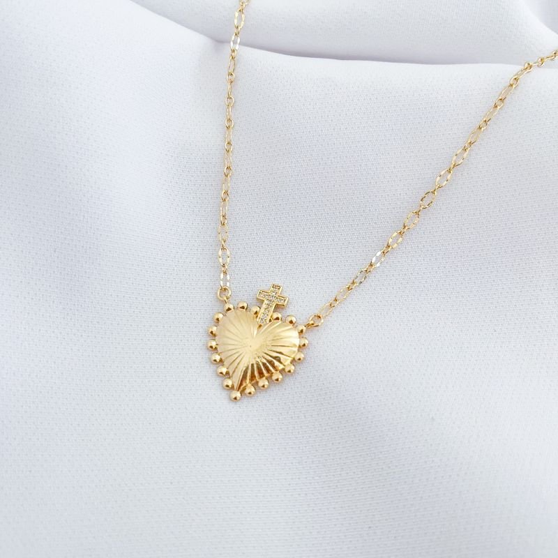 COLAR SAGRADO CORAÇÃO CRUZ CRAVEJADA EM OURO 18K
