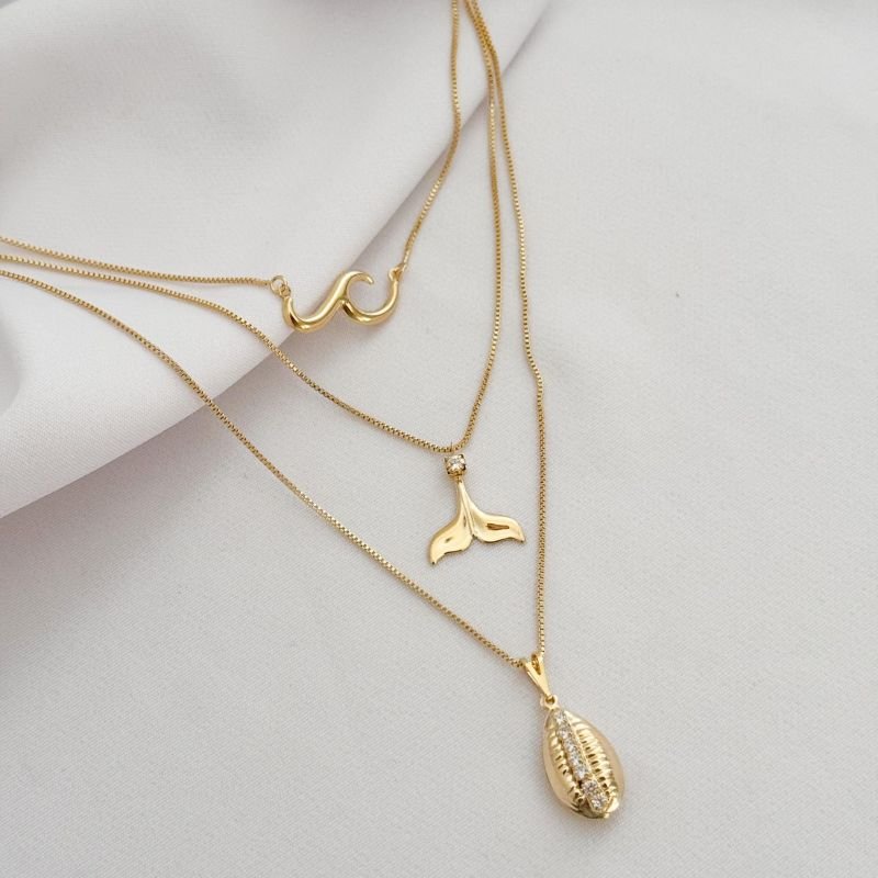 COLAR TRIPLO MAR, CAUDA E BUZIO EM OURO 18K