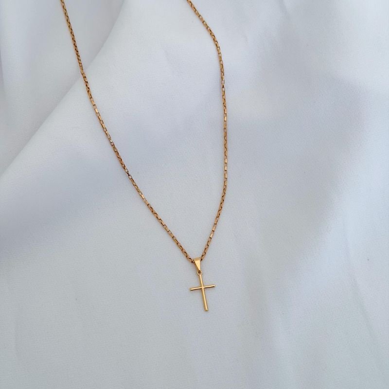 COLAR VENEZIANA COM CRUZ PALITO 16MM EM OURO 18K