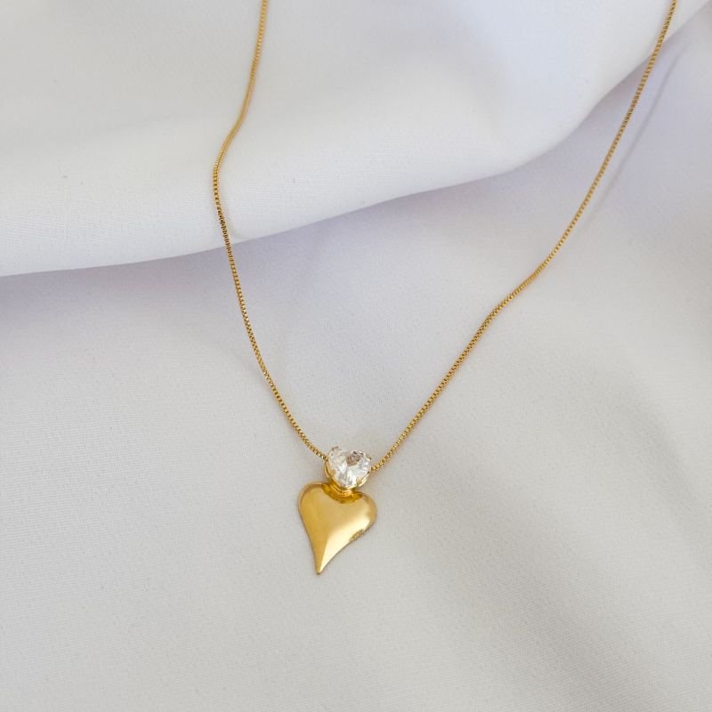 COLAR VENEZIANA COM PINGENTE CORAÇÃO LISO E ZIRCONIA CORAÇÃO EM OURO 18K