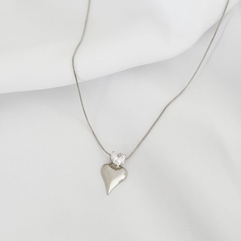 COLAR VENEZIANA COM PINGENTE CORAÇÃO LISO E ZIRCONIA CORAÇÃO EM RÓDIO BRANCO