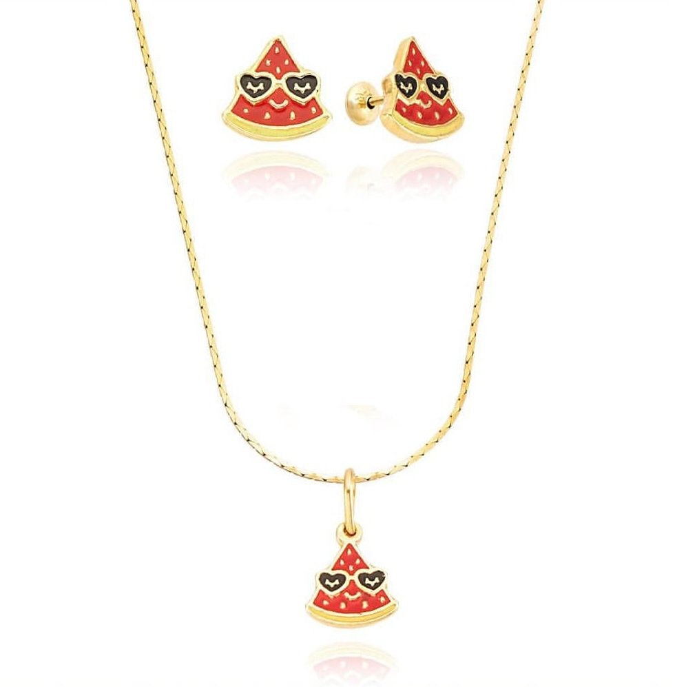 CONJUNTO INFANTIL FATIA MELANCIA RESINADO EM OURO 18K