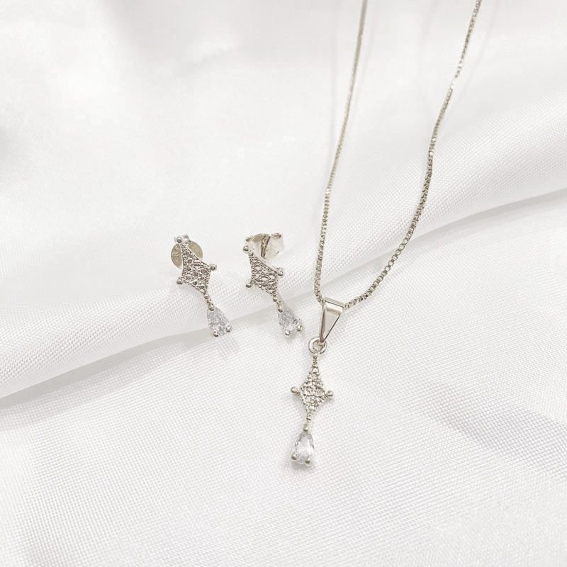 CONJUNTO DELICADO COM ZIRCONIA GOTINHA - 45 CM EM RÓDIO BRANCO