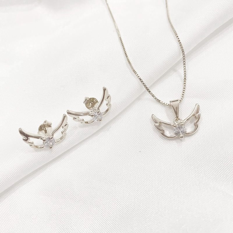 CONJUNTO ASAS DE ANJOS COM ZIRCONIA EM RÓDIO BRANCO