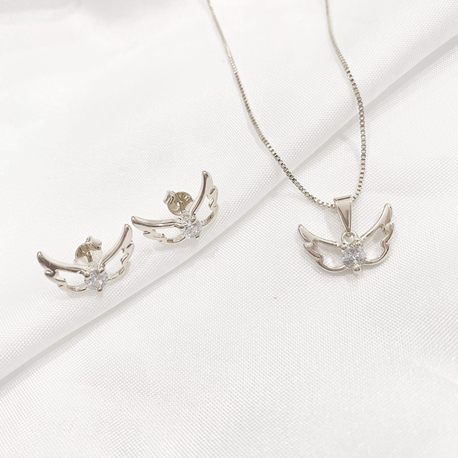 CONJUNTO ASAS DE ANJOS COM ZIRCONIA EM RÓDIO BRANCO