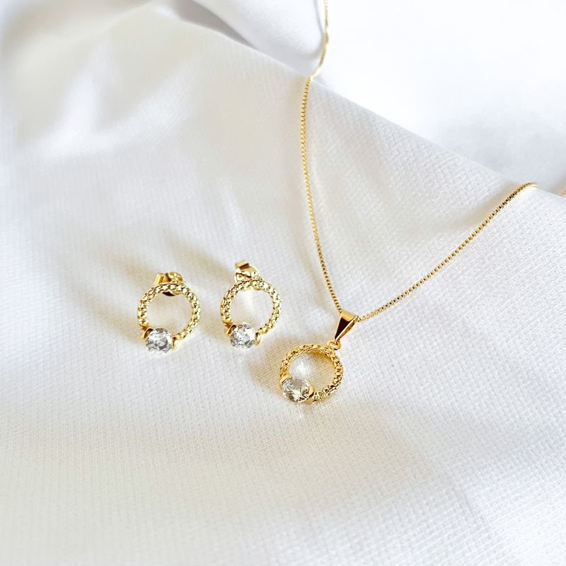 CONJUNTO ARO TRABALHADO COM ZIRCONIA EM OURO 18K