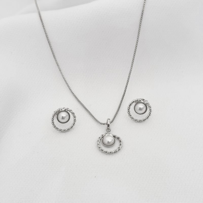 CONJUNTO ARO TRABALHADO E PEROLA EM RÓDIO BRANCO