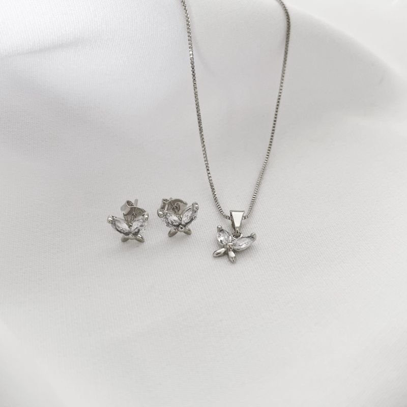CONJUNTO BORBOLETA COM ASAS EM ZIRCONIAS EM RÓDIO BRANCO