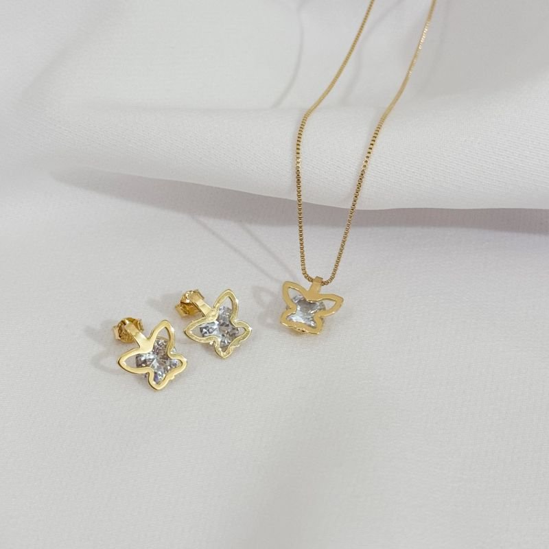 CONJUNTO BORBOLETA COM ZIRCONIA CENTRO EM OURO 18K