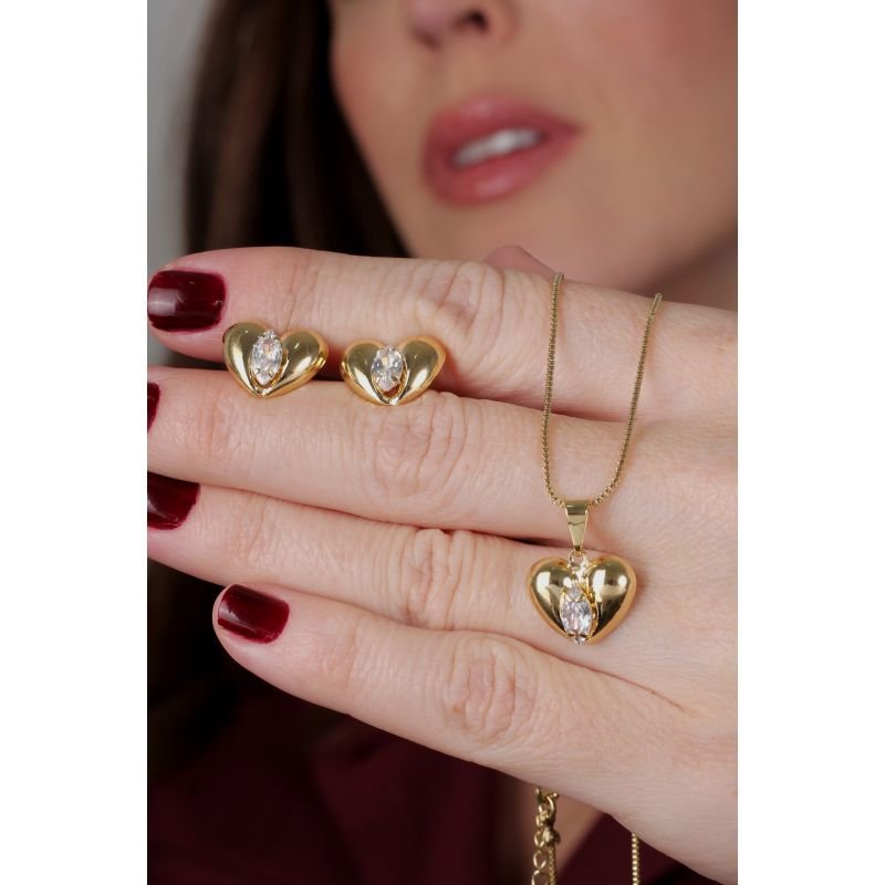 CONJUNTO C/ CORACAO BAJUDO E NAVETE ZIRCONIA EM OURO 18K
