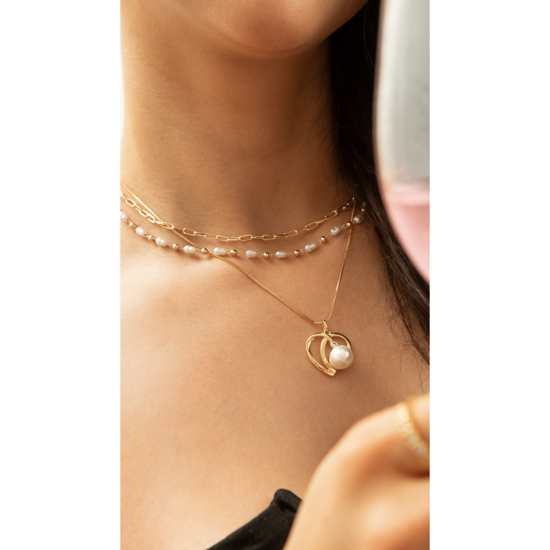 CONJUNTO CORAÇÃO ORGÂNICO COM PEROLA EM OURO 18K