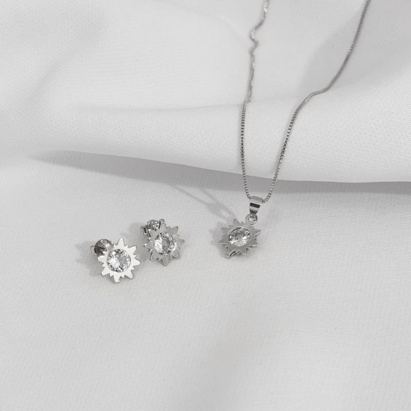 CONJUNTO ESTRELA COM ZIRCONIA EM RÓDIO BRANCO