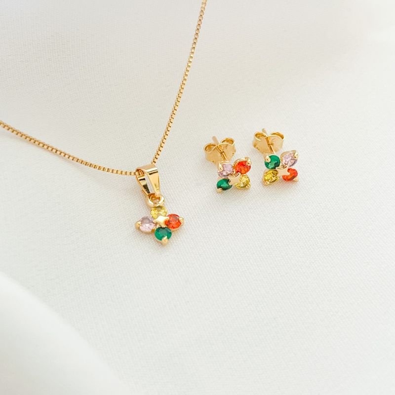 CONJUNTO FLOR ZIRCONIAS COLORIDAS EM OURO 18K