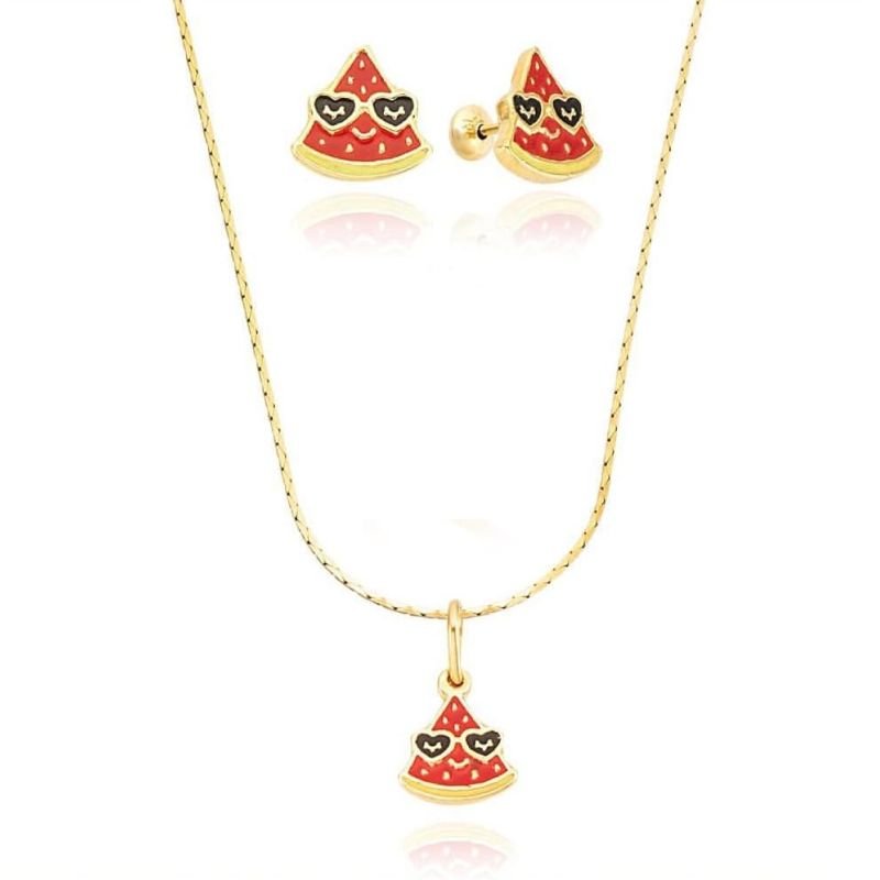 CONJUNTO INFANTIL FATIA MELANCIA RESINADO EM OURO 18K