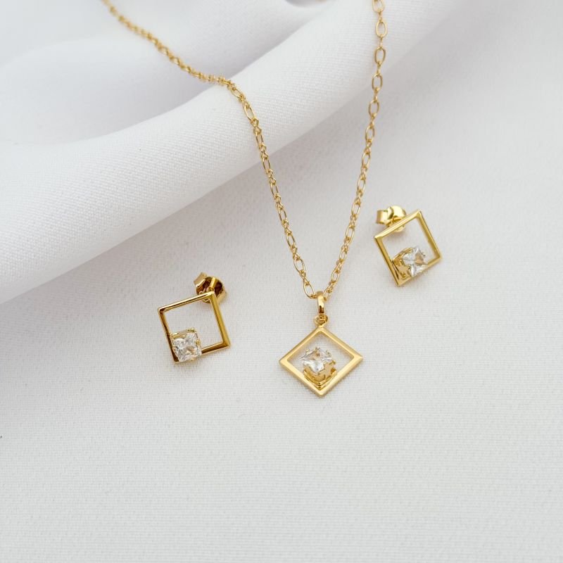 CONJUNTO LOZANGO COM ZIRCONIA EM OURO 18K