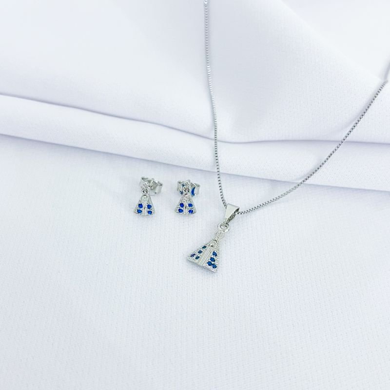 CONJUNTO NOSSA SENHORA COM ZIRCONIAS EM RÓDIO BRANCO