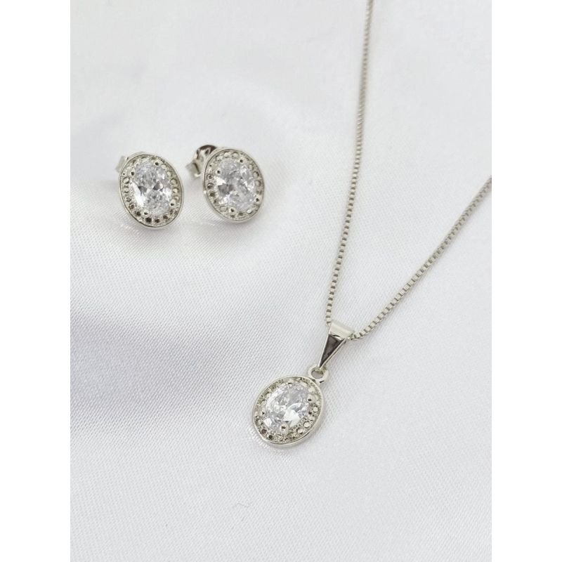 CONJUNTO OVAL TRABALHADO EM ZIRCÔNIA EM RÓDIO BRANCO